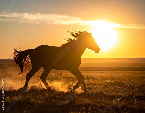 Majestic horse running free in the warm glow of a sunset over a field
