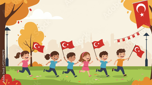 Happy Turkish Kids Waving Flags in Autumn Park Celebration
