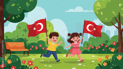 Happy Turkish Children Running with Flags in Green Park Illustration