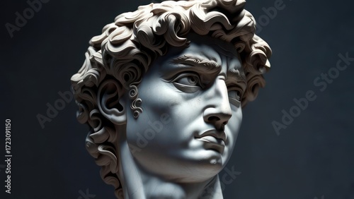 Masterpiece sculpture bust captures timeless beauty and artistic genius with dramatic chiaroscuro lighting and intricate detail