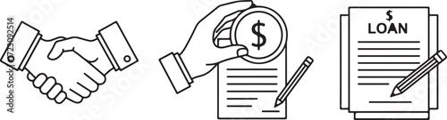 Illustration of business handshake, coin with dollar sign, and loan document with pencil isolated on white background