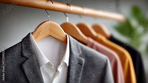 Stylish men's clothing on hangers, clean and ready for wear
