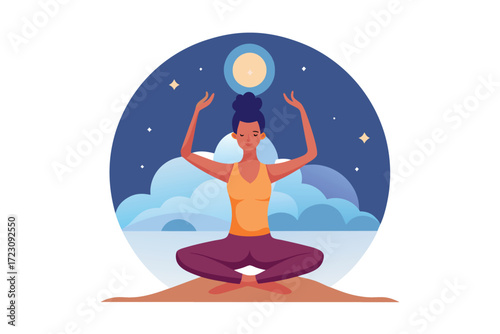 Woman Meditating Under the Night Sky Full Moon and Stars