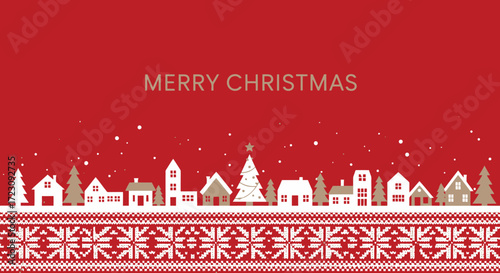 Festive Merry Christmas greeting card template with charming snowy village and traditional Nordic pattern design against a vibrant red background