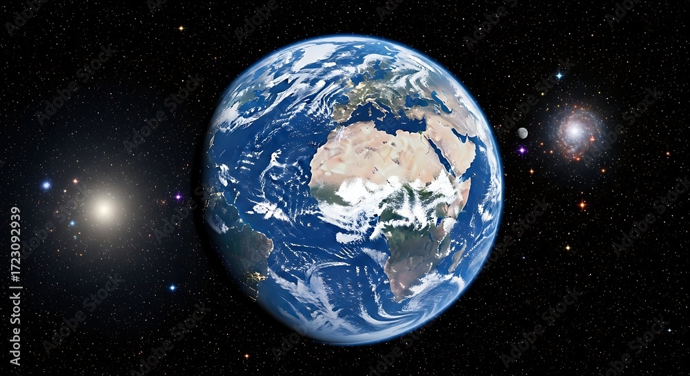 Naklejka premium Earth in Space, Beautiful Blue Planet, Cosmic View, Stunning Image, Celestial Body, Solar System.
