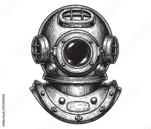 retro diving helmet engraving vector style