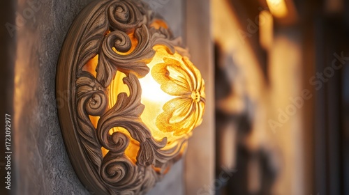 Ornate vintage wall sconce with intricate floral carvings and a warm amber glow