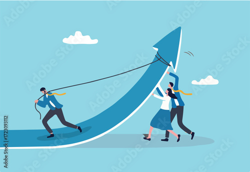 Effort to improve and grow business, teamwork or team collaboration to help pushing company to success, career growth or growing company concept, business people team help pushing arrow rising up