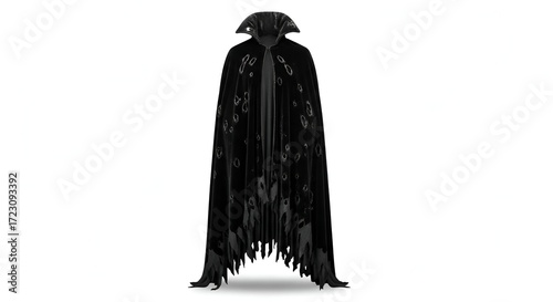 A black cloak with a high collar and pointed hem, perfect for a costume party or Halloween celebration