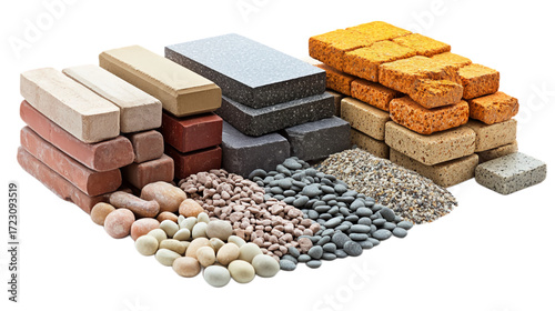 PNG Collection of building materials, including bricks, stones, slabs, pebbles, and decorative elements for exterior and interior work. For topics related to construction, cladding, renovation