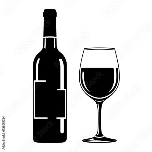 A black silhouette of a wine bottle and a glass of red wine standing next to each other isolated on white background