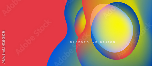 Abstract vibrant design features overlapping colorful circles. Red occupies left side, gradients blend into yellow, blue hues. Modern aesthetic.