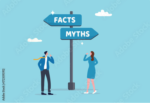 Fact vs Myth, truth or false information to make decision, belief or fiction to choose to believe, trustworthy, fraud or wrong direction concept, business people at Facts vs Myths directional sign
