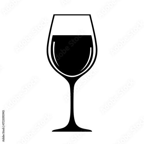 A simple black silhouette of a wine glass filled with dark red wine isolated on white background