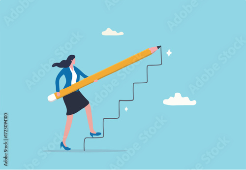 Create stair to success, growth or growing career path, planning for self improvement or leadership motivation, self made success concept, confidence businesswoman draw stair to climb up for success