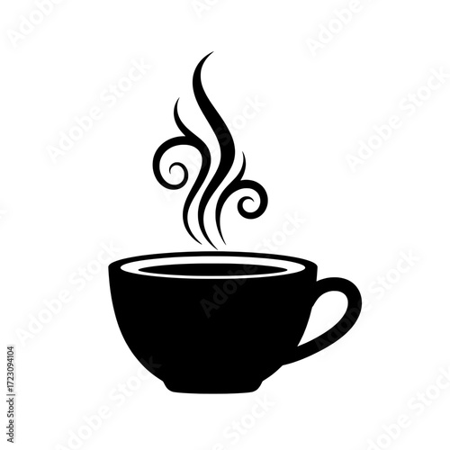 Black silhouette of a steaming coffee cup with decorative swirls rising from the hot beverage isolated on white background