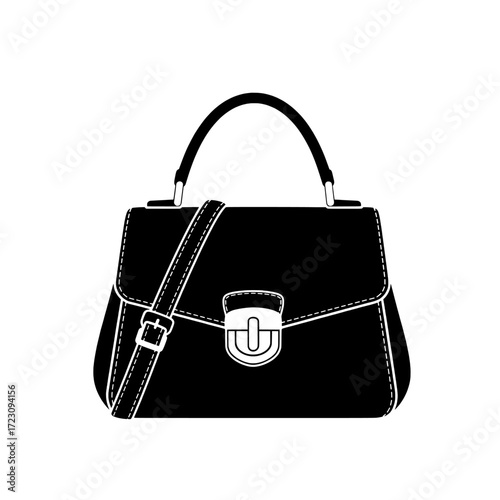 Elegant black handbag with a silver clasp and shoulder strap isolated on white background