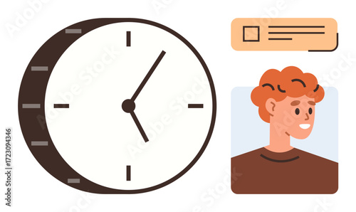 Large clock with bold indicators, smiling person portrait, and notification text. Ideal for time management, punctuality, planning, routines, productivity schedules organization. Simple flat