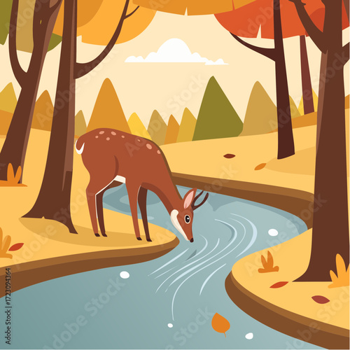 Roe Deer Drinking from Stream Vector Illustration