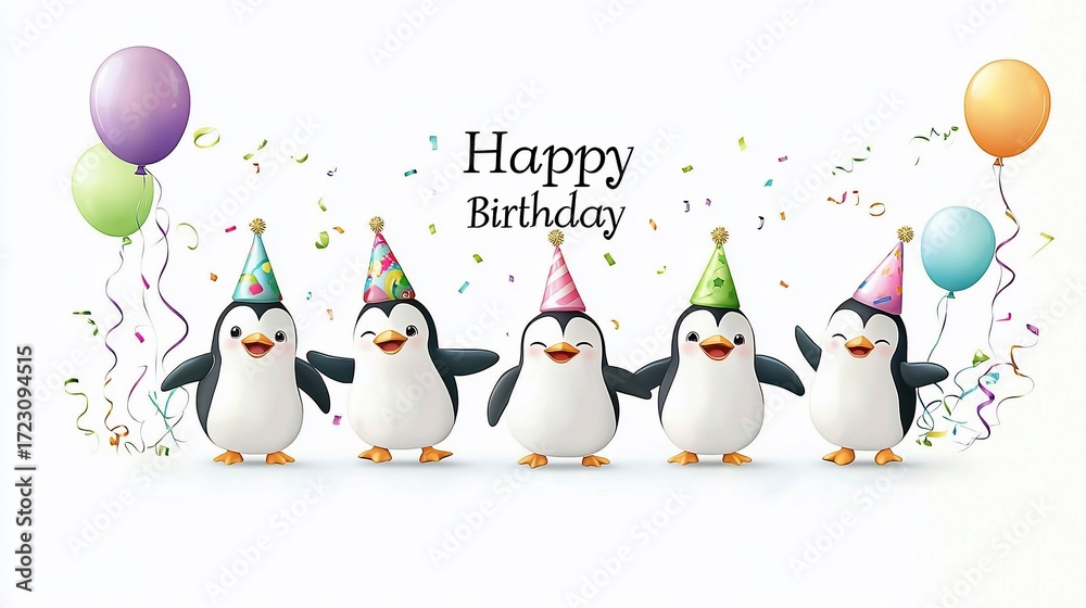 Fototapeta premium Cute penguins celebrate birthday