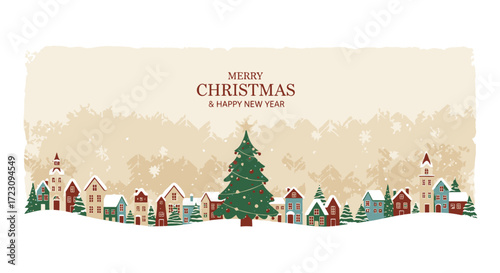 Charming Christmas village scene with festive tree, perfect for holiday greetings and winter promotions, capturing the joy of the season