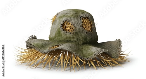 A weathered scarecrow hat sits, showcasing its rustic charm with straw spilling out on white background. Feedio_Whisk_1758522176131_tvvugm