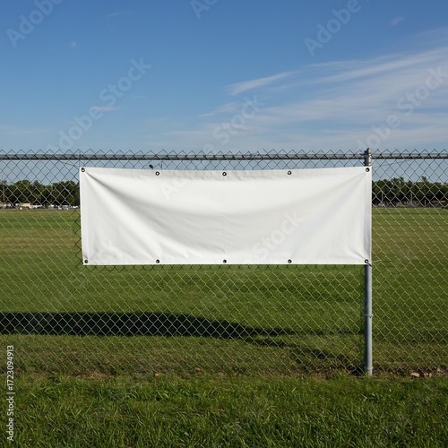 Blank white banner on a chain link fence in an outdoor sports field under a clear blue sky.