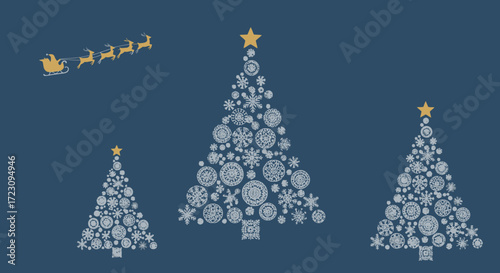 Elegant Christmas trees crafted from snowflakes with Santa's sleigh soaring above, perfect for holiday greetings and festive designs