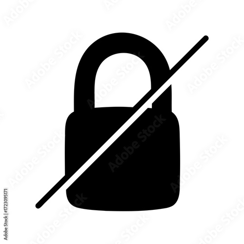 An icon representing an unlocked padlock with a strike through line in black