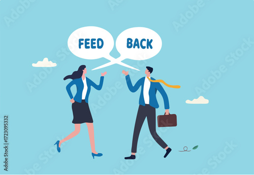 Employee feedback, opinion or colleague voice for improvement, message discussion, telling or comment each other, appraisal or review process, businessman and woman telling feedback to each other