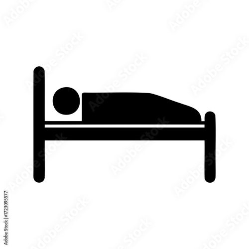 Black and white icon of person sleeping in bed with headboard