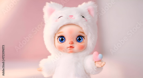 Adorable BJD doll dressed in a fluffy white cat costume with big blue eyes capturing the innocence