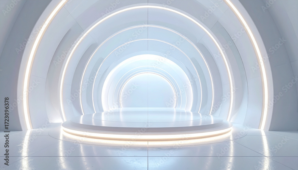 Fototapeta premium Modern futuristic white stage with glowing circular arches and a reflective floor for product presentation