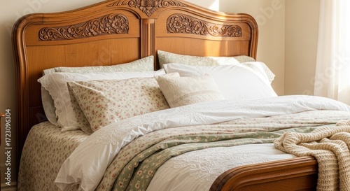 Cozy bedroom with elegant wooden bed frame and soft white bedding.