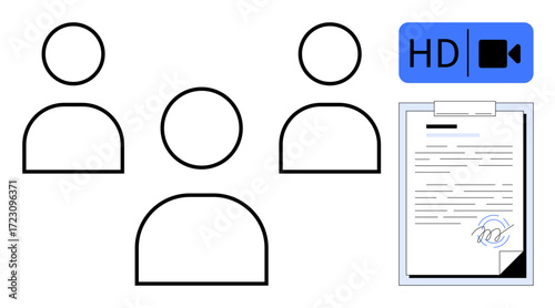 Outlined human figures discussing signed document and HD video icon. Ideal for remote work, collaboration, digital communication, online agreements, e-signature, technology, teamwork. A simple flat