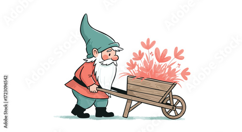 Charming garden gnome happily hauling a wooden wheelbarrow full of freshly picked flowers, a whimsical touch for spring and gardening projects