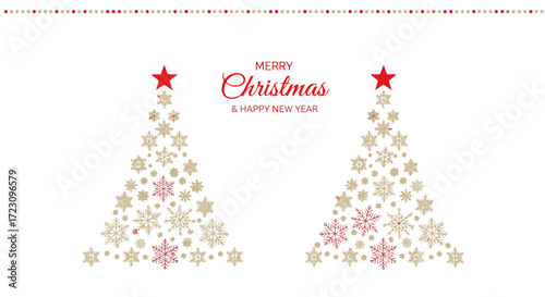 Elegant Christmas greeting with gold snowflake trees and red star accents for festive holiday season promotions and seasonal marketing campaigns