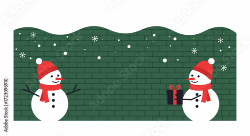 Festive snowmen sharing a Christmas gift with snow falling, perfect for holiday cards, banners, and winter promotions this season