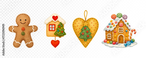 Christmas gingerbread set with cookie man, decorated houses, heart ornament and festive sweets, cozy handmade holiday design in watercolor style. Vector illustration.