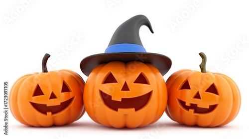 Three happy carved pumpkins wearing a witch hat ready for a festive Halloween celebration with bright smiles