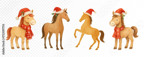 Christmas horse set with Santa hats and red scarves, festive holiday animals in cheerful poses, cozy watercolor winter decorations. Vector illustration.