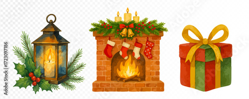 Christmas cozy set with lantern, decorated fireplace and festive gift box, warm holiday watercolor illustrations for winter celebration. Vector illustration.