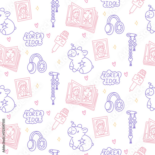 Colorful K-pop style design. Seamless texture with bright elements of Korean music trends. Photo card, keychain, microphone, headphones, album, soft toy fans. Glitter, hearts, and a K-pop text cloud