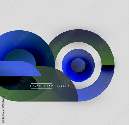 Abstract shapes overlap, creating dynamic visual effect. Blue, green, white hues dominate composition. Minimalist design suggests modern aesthetic.