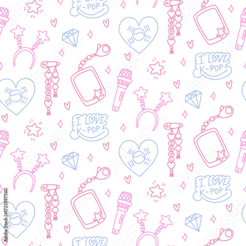Colorful K-pop style design. Seamless texture with bright elements of Korean music trends. Keychain for photos, microphone, Korean flag, bezel stars, diamond. Sequins, hearts, cloud with K-POP text