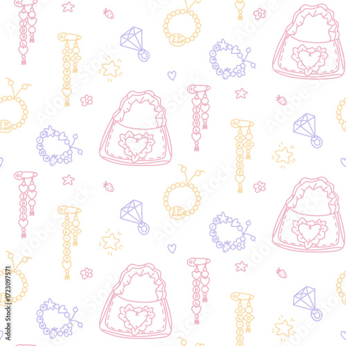 Colorful K-pop style design. Seamless texture with bright elements of Korean music trends. Braiding bracelet with flowers and hearts, barrette, diamond, bag. Sequins, hearts, cloud with K-pop text