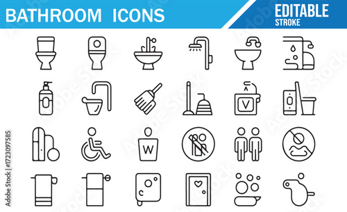 Bathroom Equipment Icons – Editable Stroke UI Elements