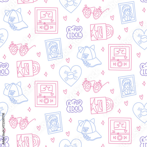 Bright K-pop style design. Seamless texture with bright elements of Korean music trends. Record, player, strawberry glasses, Korean flag, cap, photo card. Glitter, hearts, cloud with K-POP style text