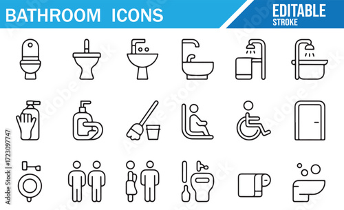 Sanitary Ware Icons – Toilet, Faucet, Bathtub – Monoline Set
