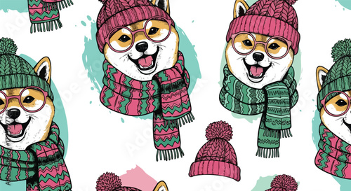 Charming Shiba Inu pups dressed in winter hats and scarves create a delightful seamless pattern for holiday cards and festive designs